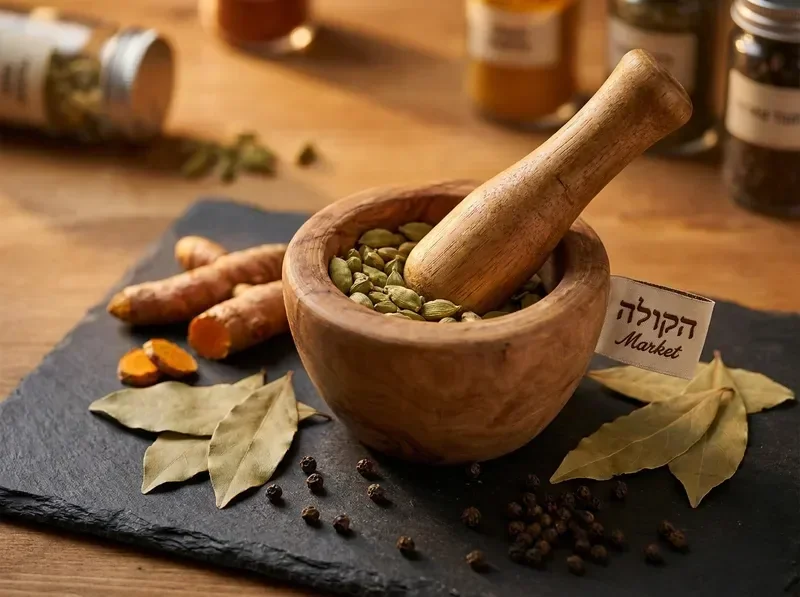 עלי ומכתש עם תבלינים טריים