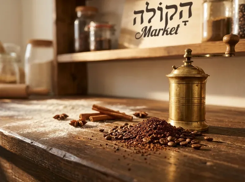 קפה טחון טרי, מקלות קינמון וקמח על משטח עץ כהה